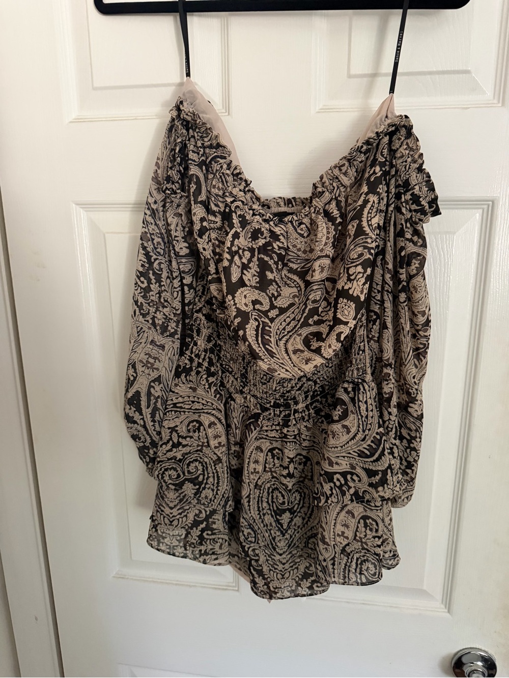 Dance & Marvel Beige and Black Paisley Off-Shoulder Tunic